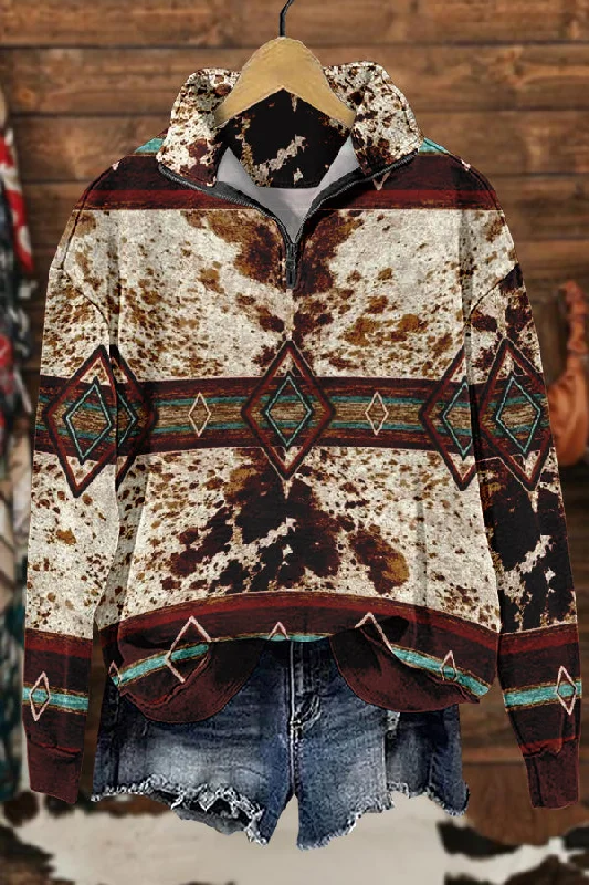 Unique Retro Western Aztec Totem Print Sweatshirt Hoodie with High Neck Warm Protective