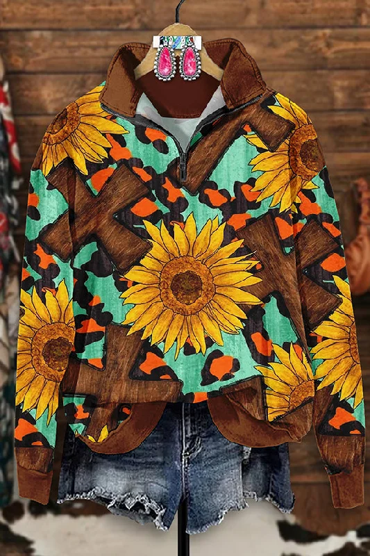 Retro Western Sunflower Cross Print Zip-Up Sweatshirt Hoodie with Hidden Zipper Minimalist Clean