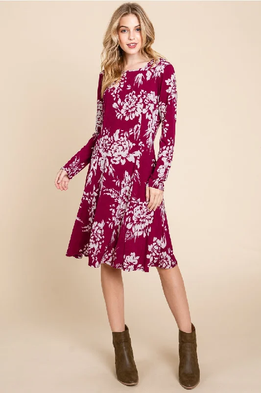 Burgundy Floral Dress Tunics Leisure comfortable