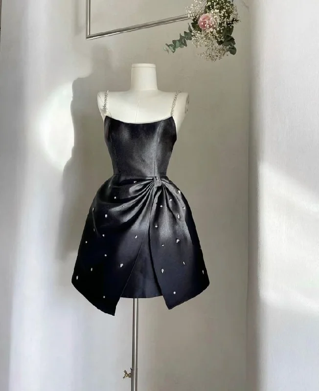Black Straps Beading Short Party Dress Mini Homecoming Dress, DP3114 A-Line Day Work