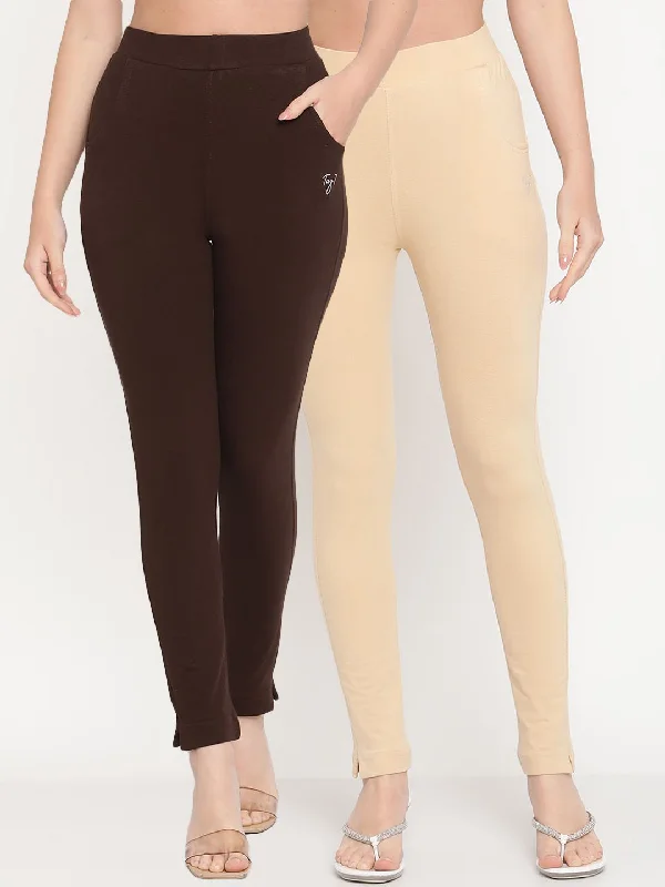 TAG 7 Women Pack of 2 Beige & Brown Solid Kurti Pants Comfortable Denim Trousers