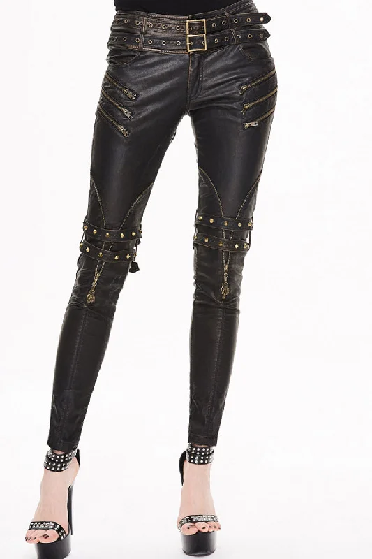 Brown Leather Metal Eyelets Belt Metal Buckle Leg Loop Hand-Rubbed Women's Punk Pants Trendy Tapered Pants