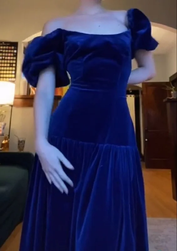 Royal Blue Velvet A-Line Long Party Dress with Short Sleeves DP3878 Boat Neckline Classic