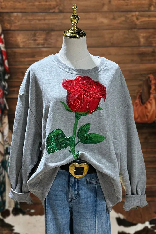 Pretty Rose Floral Sequin Print Sweatshirt Hoodie with V-Neck Classic Versatile