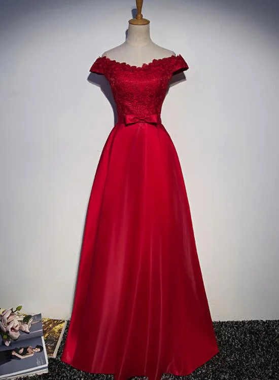 Beautiful Red Satin Long Off Shoulder Party Dress, Red Satin Formal Dress, Red Formal Dresses Tunics Polka dots
