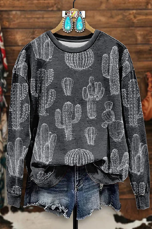 Vintage Western Cactus Print Sweatshirt Hoodie with Snap Buttons Easy Quick