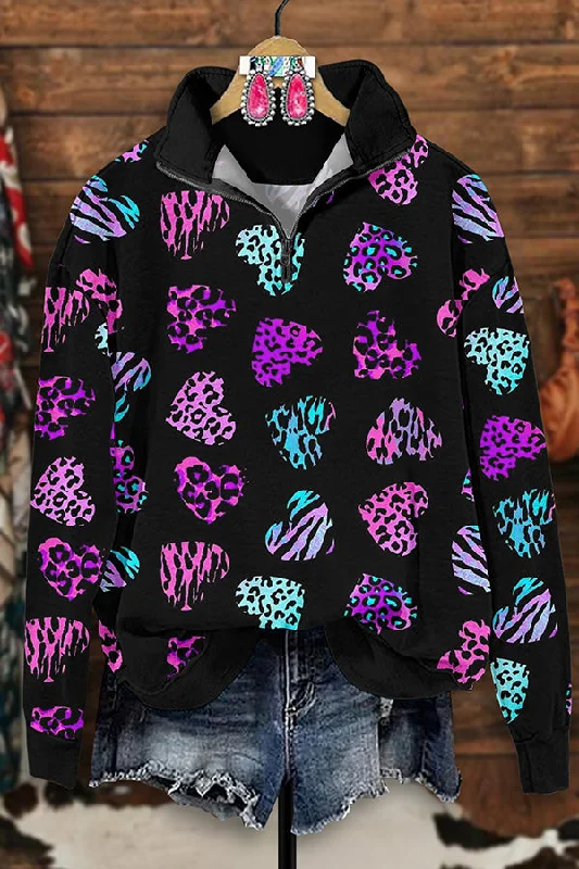 Vintage Western Heart Leopard Print Zip-Up Sweatshirt Hoodie with Ribbed Neckline Snug Warm