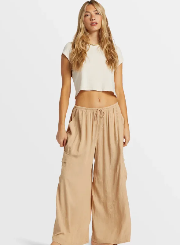 Beach Babe Beach Cargo Pants - Khaki Stylish Elastic Waist Pants
