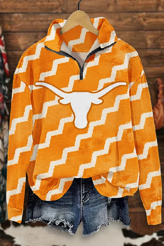 Classic Texas Longhorns Print Zip-Up Sweatshirt Hoodie with Rolled Sleeves Casual Relaxed