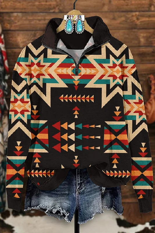 Retro Western Aztec Print Zip-Up Sweatshirt Hoodie with Belted Waist Structured Tailored