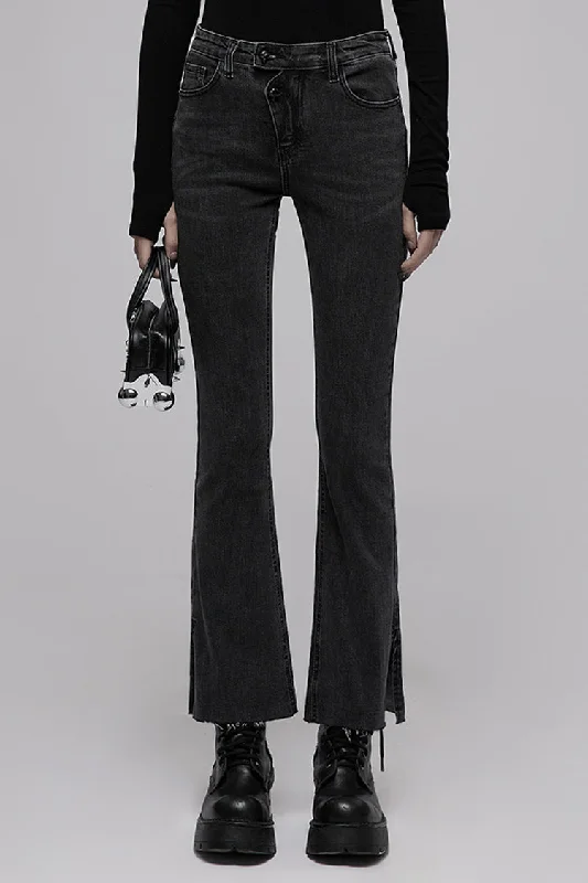 Black Tight Elastic Distressed Denim Asymmetrical Placket Medium Waist Women's Punk Flared Pants Stylish Slim Trousers