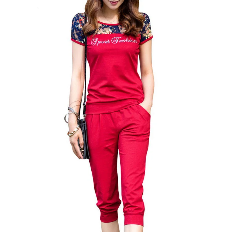 Lace Patchwork Women Fashion Sets 2 Pieces Lady Clothing Set Large Size M-4XL Summer Women Casual Suits Tops + Pants Fashionable Track Pants