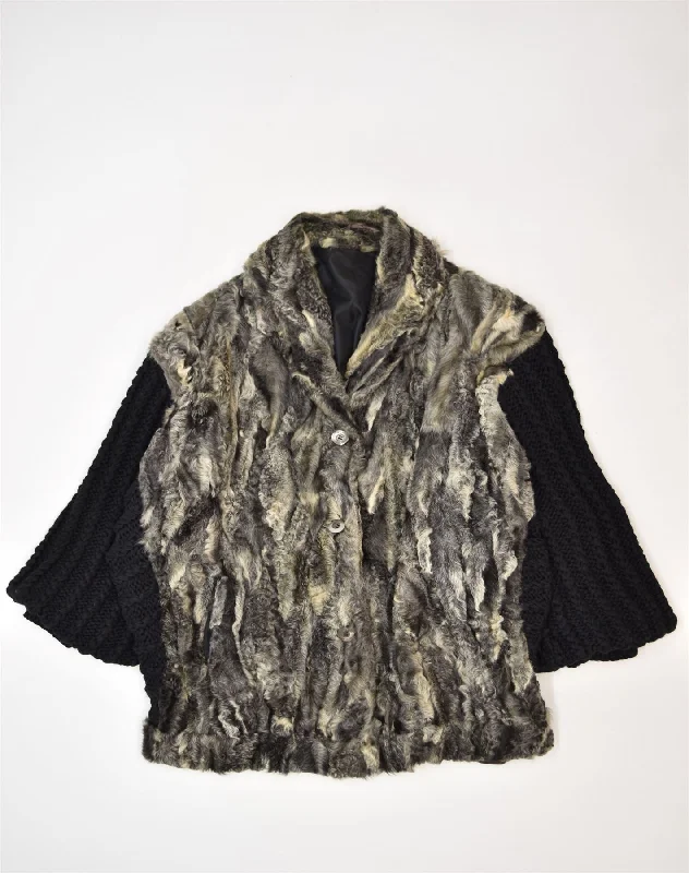 VINTAGE Womens Fur Jacket UK 18 XL Grey Leather Appliqued Jacket Beaded Jacket Sequined Jacket