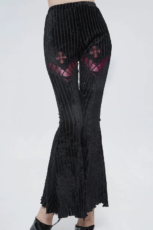 Black Gothic Striped Flocking V-Shaped Cross Lace Stitching Flared Women's Pants Trendy Velvet Pants