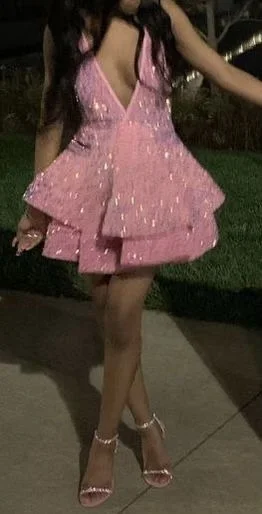 Pink V Neck A-Line Sequins Short Party Dress Birthday Outfits DP3946 Pleated Skirt Elegant