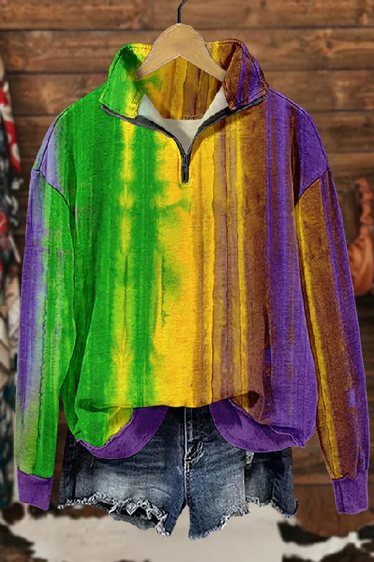 Chic Mardi Gras Print Sweatshirt Hoodie with Turtle Neck Cozy Winter