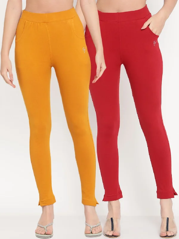 TAG 7 Women Pack of 2 Mustard Yellow & Magenta Solid Kurti Pants Casual Plaid Pants