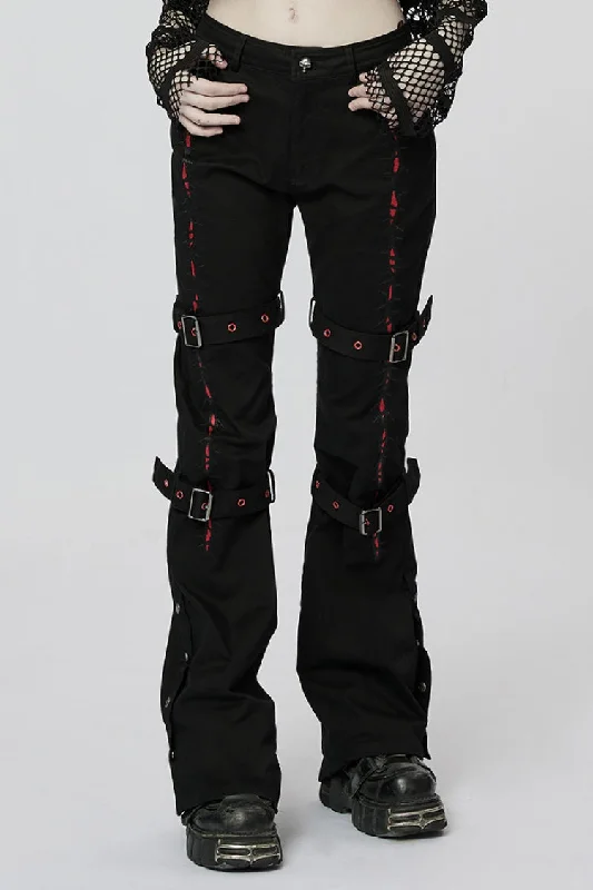 Black/Red Embroidery Buckles Women's Steampunk Flared Pants Elegant Palazzo Trousers