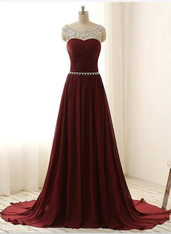 Maroon Long Beaded Party Dresses, Handmade Prom Dress Off-the-shoulder Chic Trendy