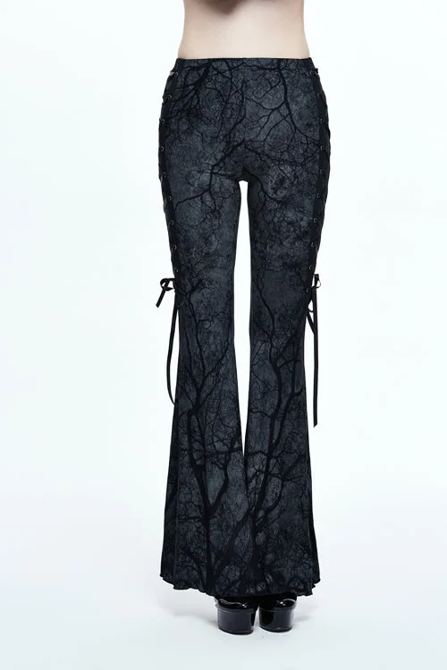 Black Mysterious Forest Gothic Branch Printing Bellbottom Womens Pants Trendy Wide-Leg Pants