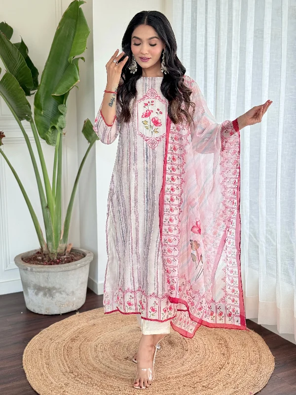 Women Round Neck Embroidered Work Kora Muslin Kurta & Pant With Dupatta Set - Taantav Stylish Slim Trousers