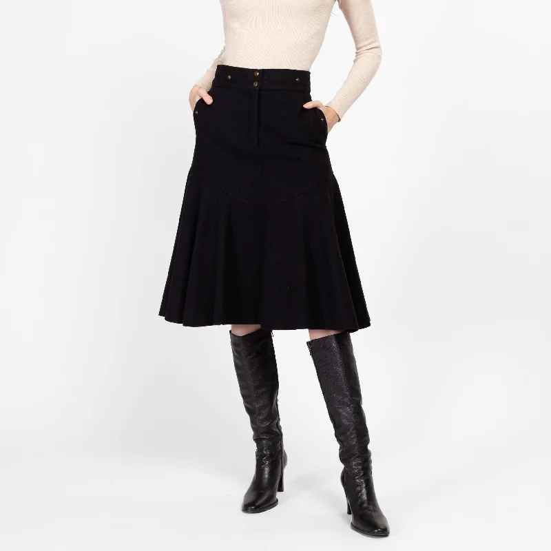 Small 80s Black Western Gothic Midi Skirt 26.5"" asymmetrical skirt cut