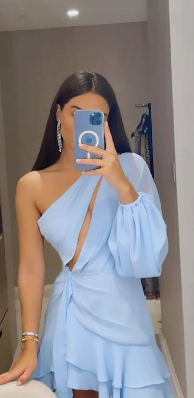 Light Blue One Shoulder Chiffon Short Party Dress Homecoming Dress, DP3538 Tunics Floral girly