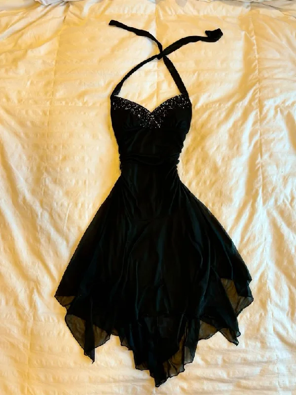 Black V Neck Halter A-Line Midi Length Cocktail Dress Evening Party Dress, DP4388 Tunics Bridal satin