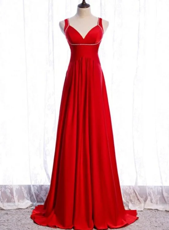 Chic Red Satin Beaded Floor Length Long Party Dress, Red Formal Dress Tunics Brand named