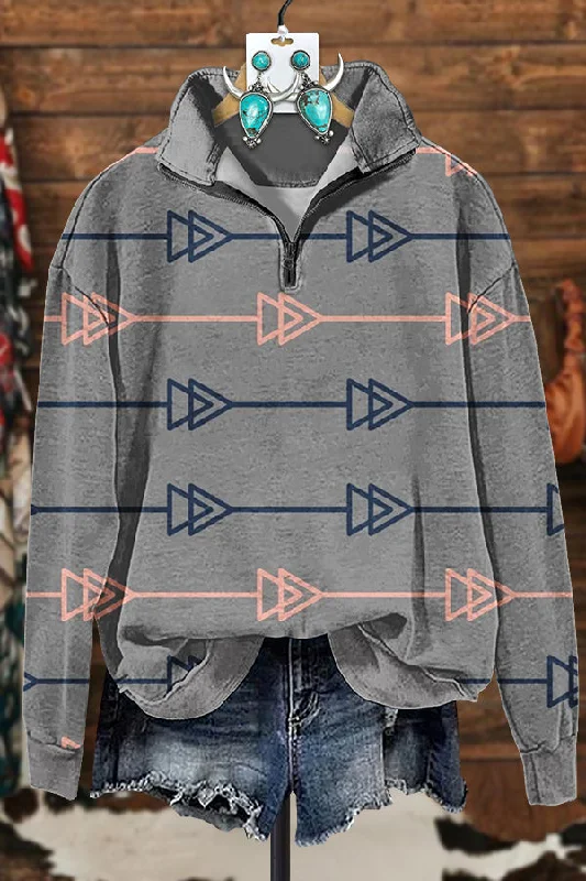 Western Simple Arrow Zipper Sweatshirt Hoodie with Mock Neck Collared Structured