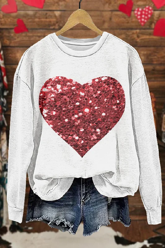 Shiny Valentine's Day Heart Print Sweatshirt Hoodie with Sequins Glamorous Eye-catching