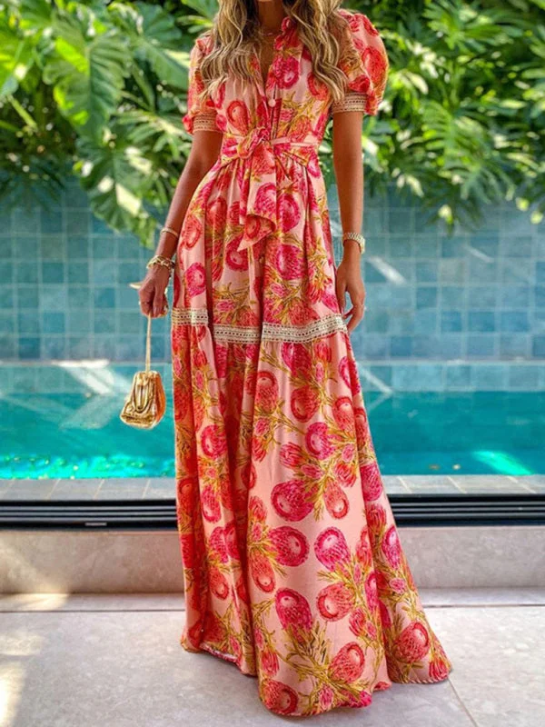 Blue Zone Planet |  Marina's Bohemian Floral Print Floor Length Dress Tunics Yoga stretchy