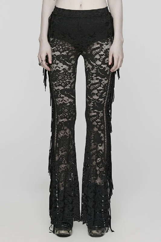 Lace Sheer Mesh Tassels Women's Gothic Flared Pants 2 Colors Casual Track Pants