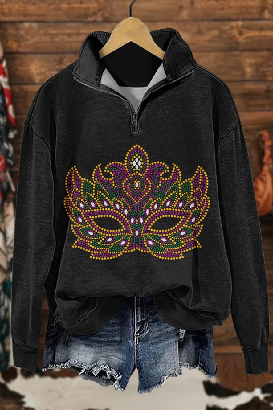Shiny Mardi Gras Print Sweatshirt Hoodie with Zipper Versatile Modern