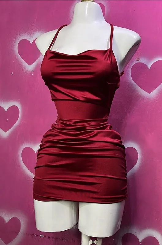 Wine Red Straps Sheath Satin Short Party Dress Homecoming Dress, DP4098 Tunics Practical durable