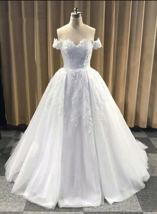 High Quality Handmade Tulle Off Shoulder White Formal Dress, White Bridal Gowns, Party Dresses Halter Neckline Beach