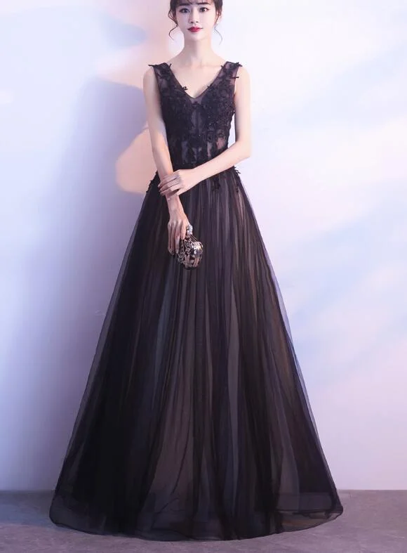Black Tulle Lace Applique A-line Prom Dress , Black Party Dresses Tunics Practical durable