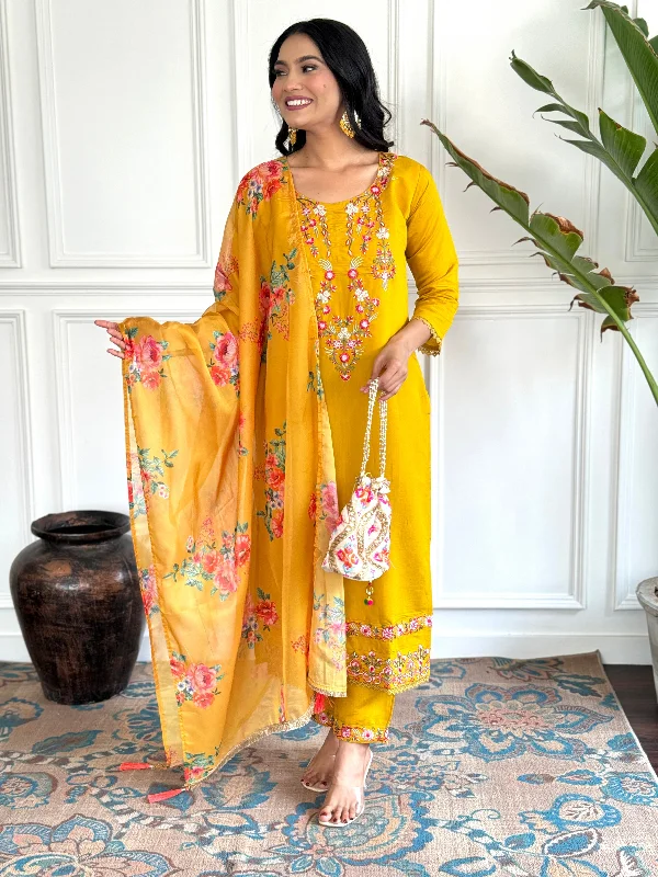 Women Round Neck Embroidered Work Chanderi Silk Fabric Kurta & Pant With Dupatta Set - Taantav Soft Stretch Trousers