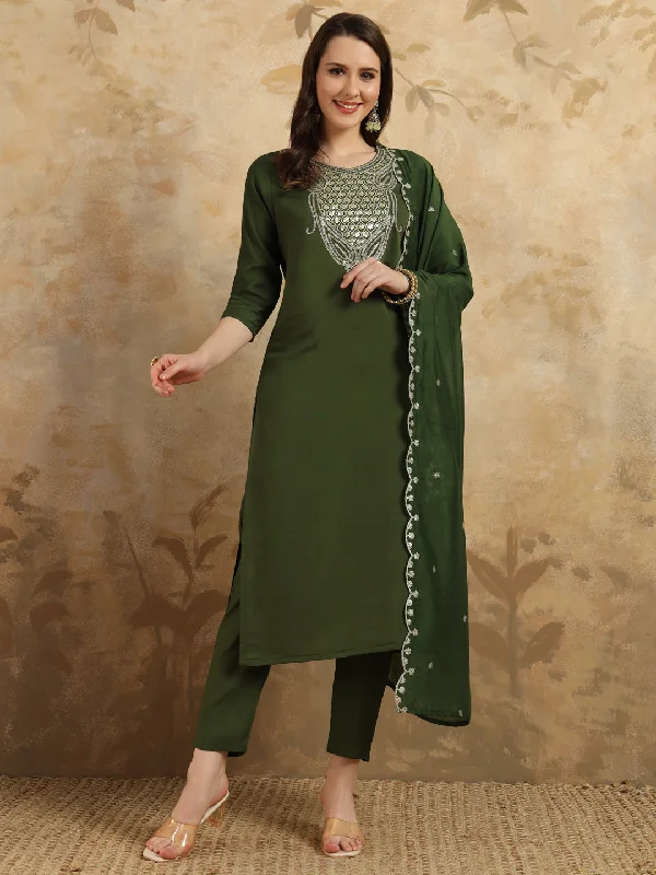 Women Round Neck Embroidered Work Chanderi Fabric Kurta & Pant With Dupatta Set - Taantav Chic Black Leggings
