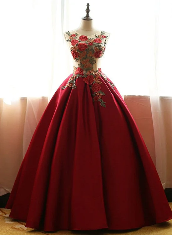 Red Rose Applique Ball Gowns, Beautiful Red Formal Gowns , Red Handmade Party Dresses Crew Neckline Sporty