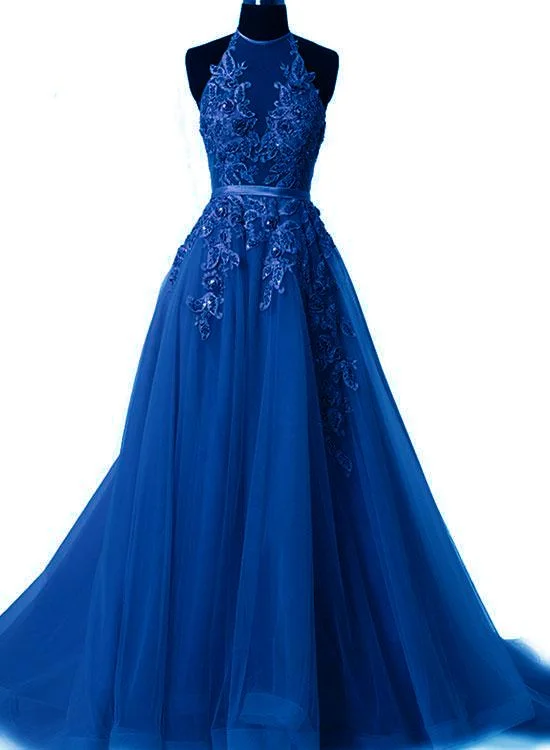 Royal Blue Halter Tulle Party Dress, Pretty Handmade Blue Prom Dress Pleated Skirt Elegant