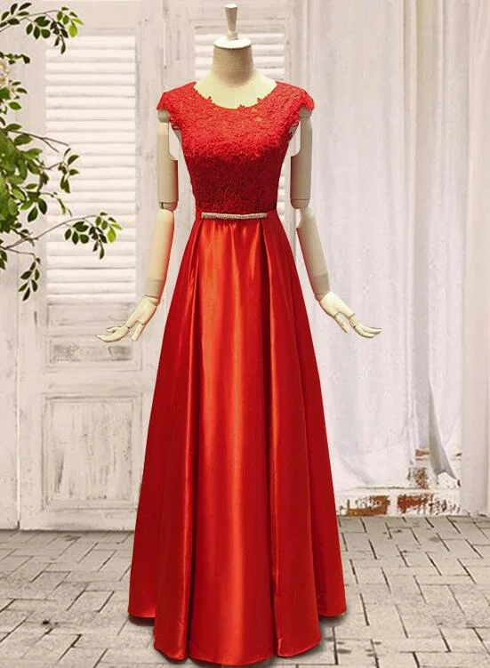 Red Long Party Dress with Bow, Cute Formal Dresses, Satin Party Gowns Tunics Distressed trendy