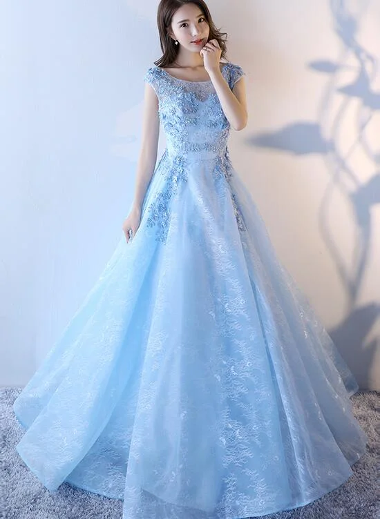 Light Blue Lace Long Gorgeous Party Dress, Blue Formal Dress Tunics Chic elegant