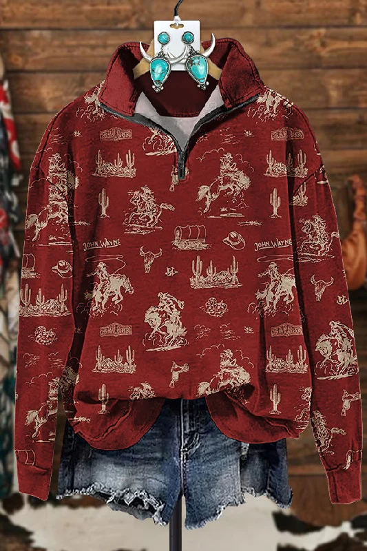 Western Ranch Casual Zipper Sweatshirt Hoodie with Embroidery Detailed Premium