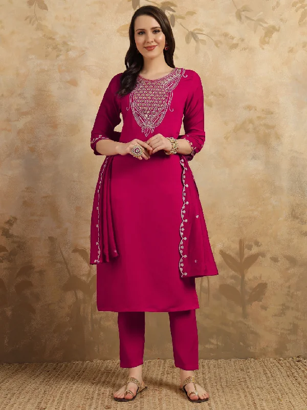 Women Round Neck Embroidered Work Chanderi Fabric Kurta & Pant With Dupatta Set - Taantav Classic Cropped Pants