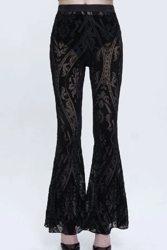 Black Flocked Printed Fabric Elastic Jacquard Elastic at Waist Flared Women's Punk Pants Chic Wool Trousers
