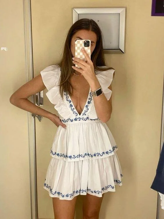 White V Neck Ruffle A-Line Short Party Dress Fashion Summer Dress, DP3344 Tunics Business professional