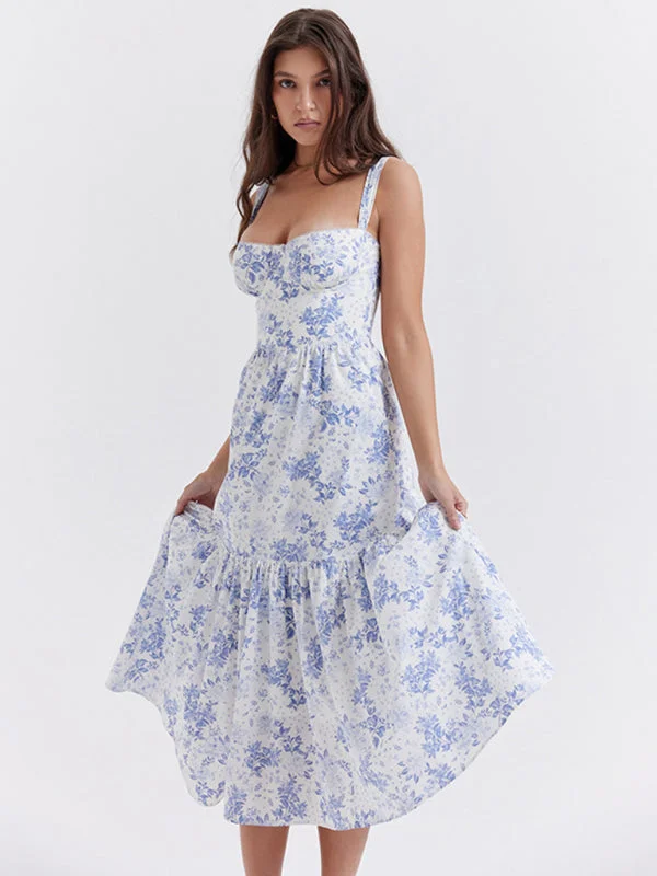 Blue Zone Planet |  Lyra's Floral Midi A-Line Sling Tier Dress Tunics Gym athletic