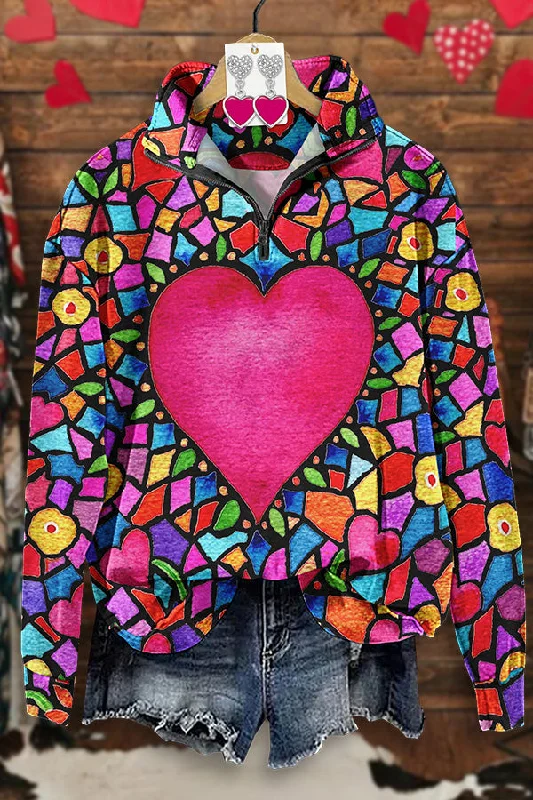 Unique Valentine's Day Heart Print Zipper Sweatshirt Hoodie with Crew Neck Simple Timeless