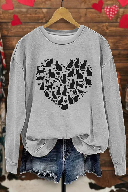 Cat Heart Valentine Sweatshirt Hoodie with Thumb Holes Functional Cozy